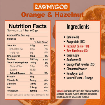 Rawmygod Fruit And Nut Bars, Good Source Of Protein (10G, 25% Protein Content), Gluten Free, Vegan, No Added Sugar (16 Bars, Orange & Hazelnut)