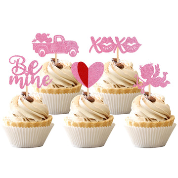 30 Pcs Valentine'S Day Cupcake Toppers Glitter Double Layers Love Heart Car Cupid Be Mine Cupcake Picks Decorations For Valentin