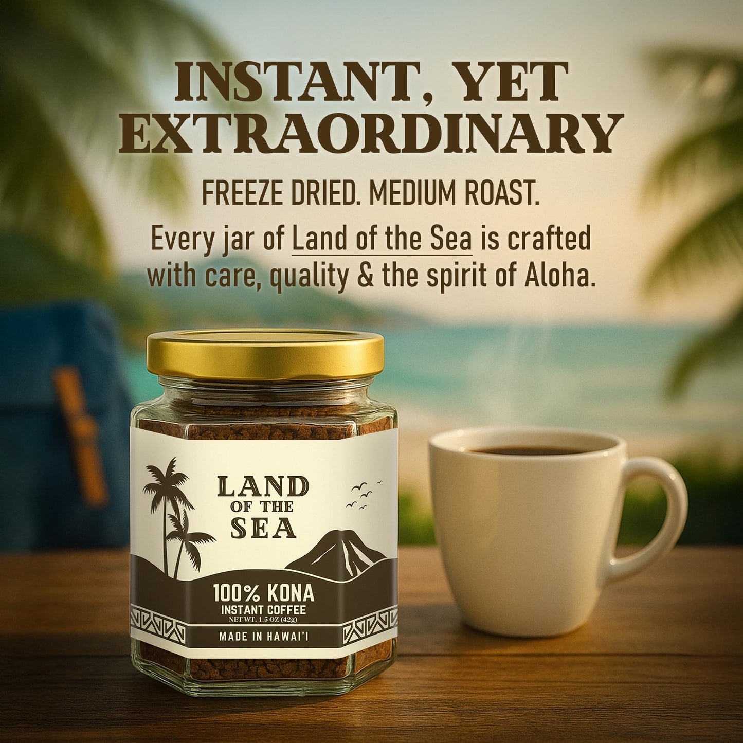 KONA COFFEE 100% - enhanced Freeze Dried Instant Coffee - Low Acid Coffee - Medium Roast Arabica Hawaiian Coffee 1.5oz (1 Pack | 22 Servings)