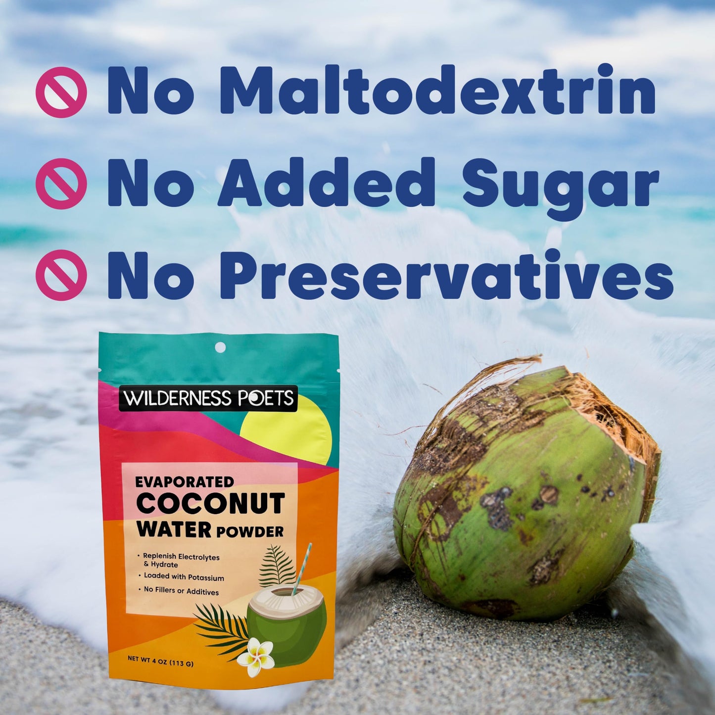 Wilderness Poets, 100% Evaporated Coconut Water Powder - No Maltodextrin, No Fillers, No Additives - 1 Ingredient - Instant Mix