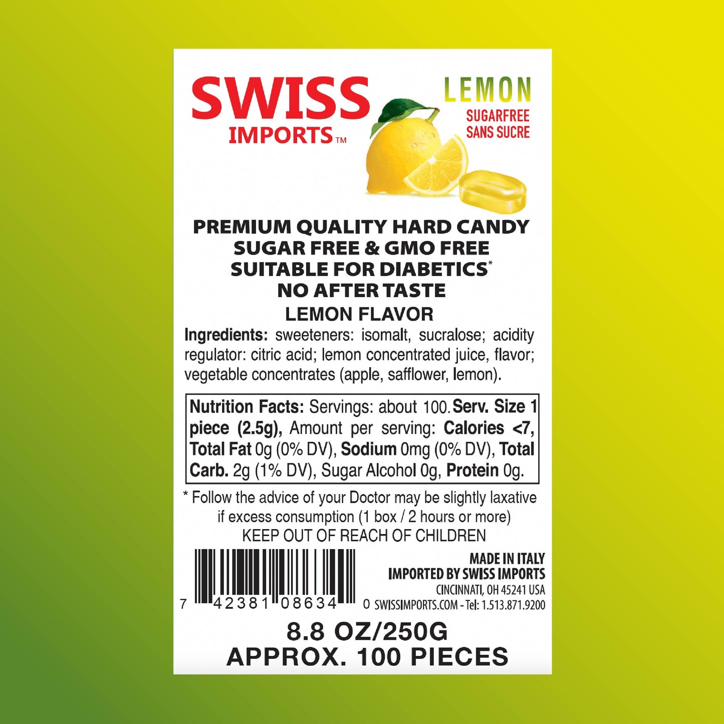 Swiss Imports Sugar Free Bonbons Hard Candy Drops, Lemon, 100 Individually Wrapped Pieces, 250G/8.8Oz
