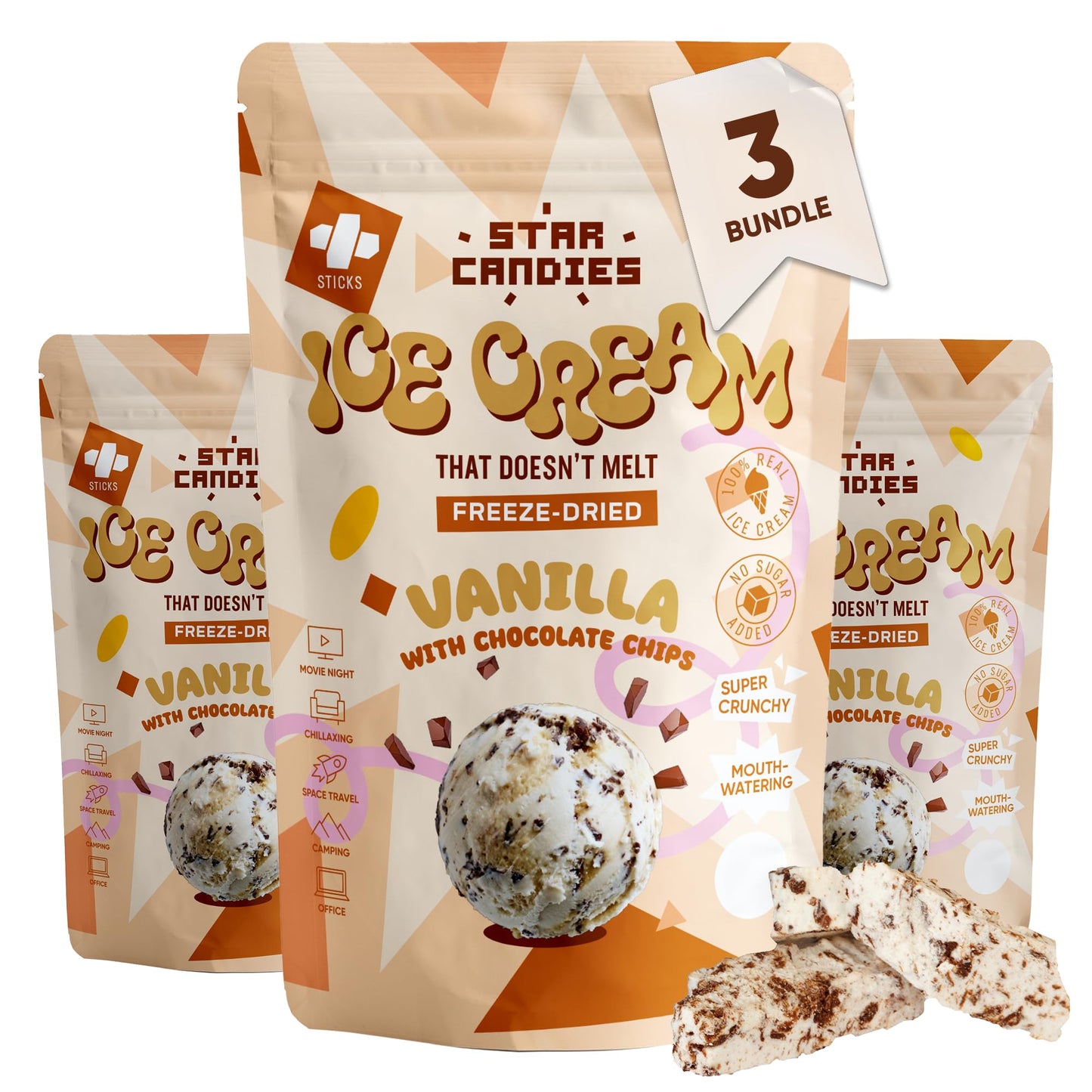 STAR CANDIES Freeze Dried Ice Cream Vanilla Chocolate 3 Pack | No Melting, Crunchy Camping Food, No Added Sugar