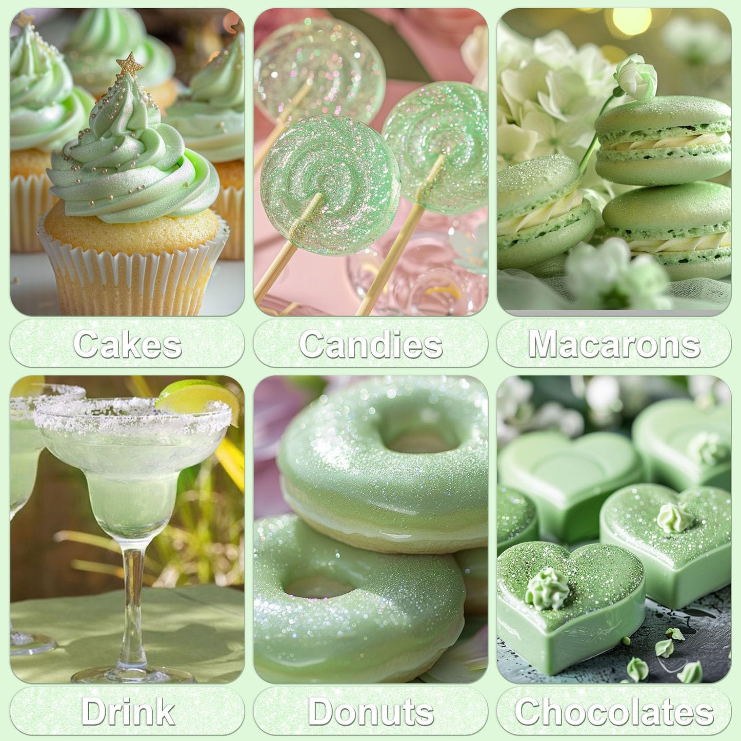 Iridescent Green Edible Glitter - 5G Food Grade Cake Decorating Shimmering Glitter, Edible Sprinkle Luster Dust For Drinks, Choc