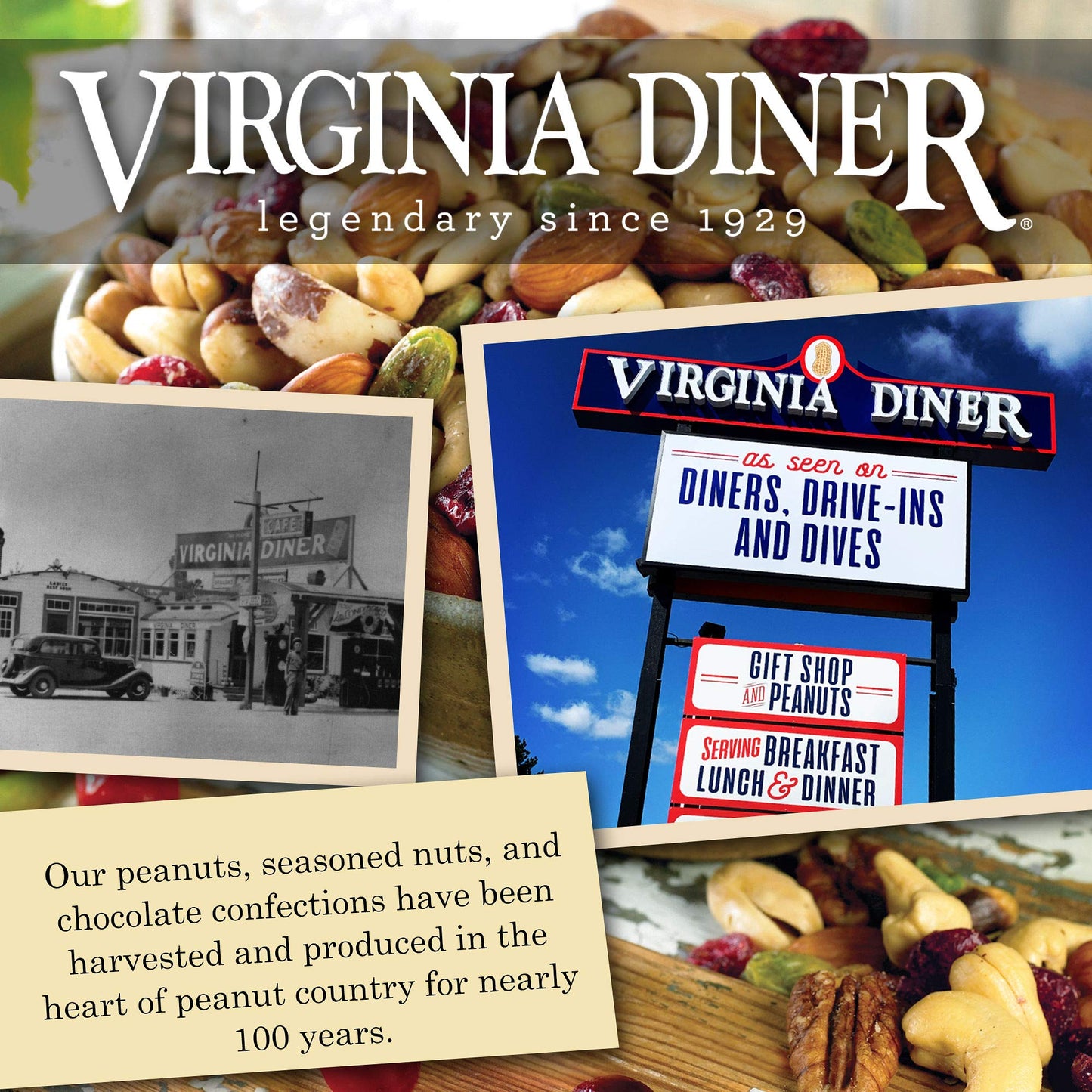 Virginia Diner - Gourmet Natural Cranberry Nut Mix (Virginia Peanuts, Almonds, Cashews, Pecans, Pistachios, Brazil Nuts, & Dried Cranberries), 18 Ounce Tin