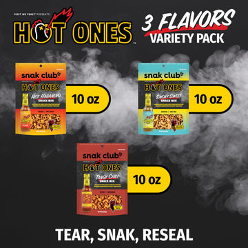 Snak Club x Hot Ones Snack Mix, Hot Habanero, Sweet Smoky, and Tangy Chili, Spicy Snacks with Peanuts, Pretzels, Sesame Sticks,