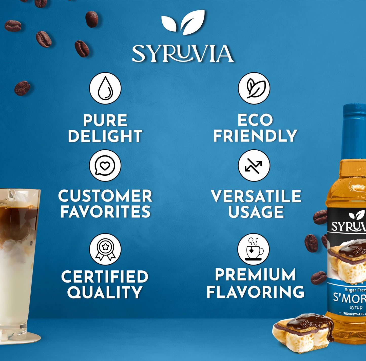 Syruvia Sugar-Free S'mores Coffee Syrup - 25.4 fl oz Premium Coffee Flavoring Syrup. 0 Calorie, Kosher, Gluten-Free. Perfect for