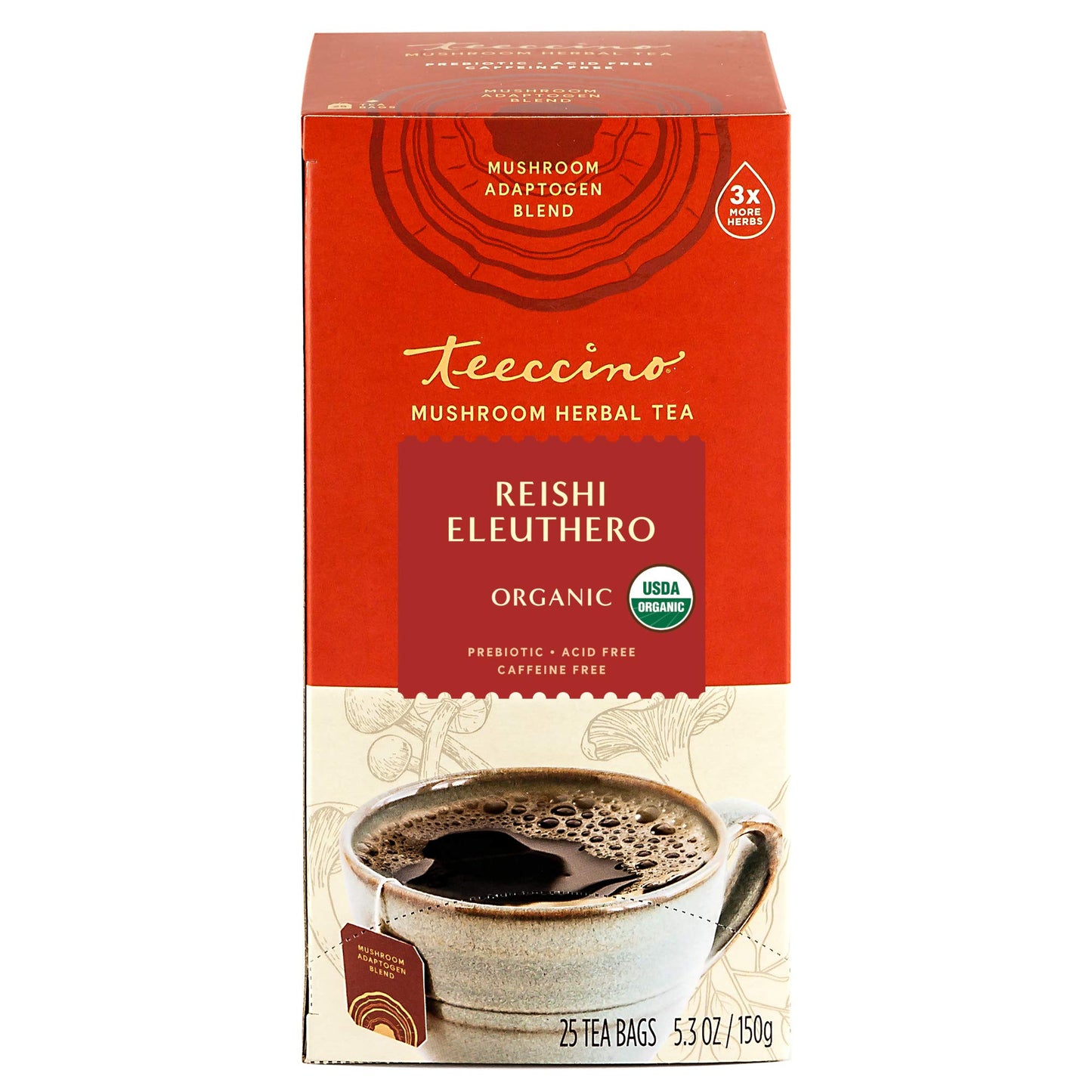 Teeccino Reishi Eleuthero Tea - Organic Caffeine-Free Herbal Tea, 25 Tea Bags, French Roast Flavor