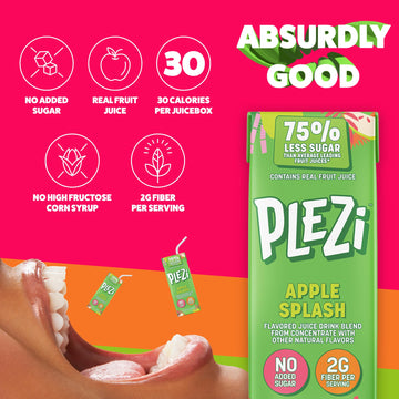PLEZi Fruit Juice Boxes For Kids, Apple Splash - Low Sugar Drinks with Dietary Fiber, Healthy Vitamin C, and Potassium Electroly