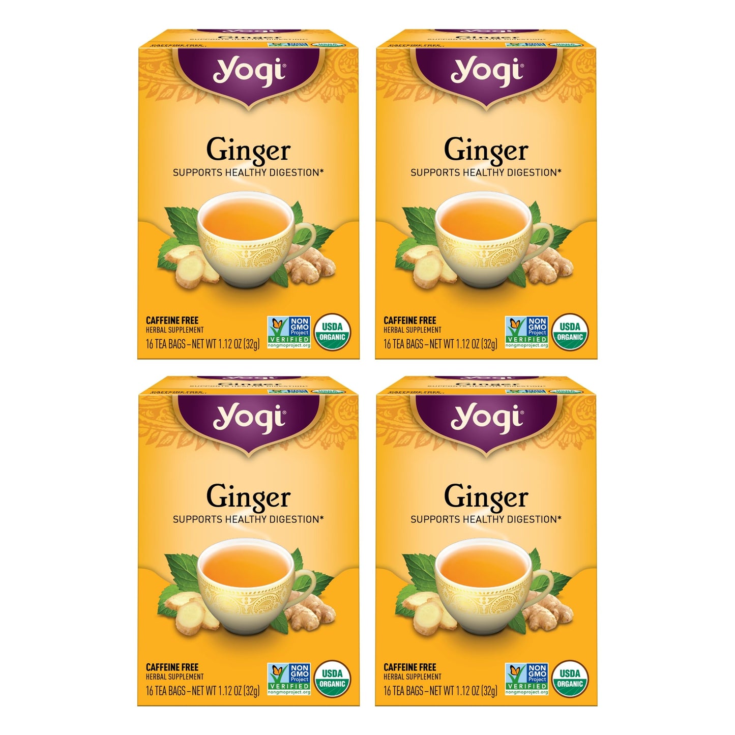 Yogi Tea Ginger Tea - 16 Tea Bags Per Pack (4 Packs) - Organic Ginger Tea Bags - Digestive Support Tea - Includes Ginger Root, L