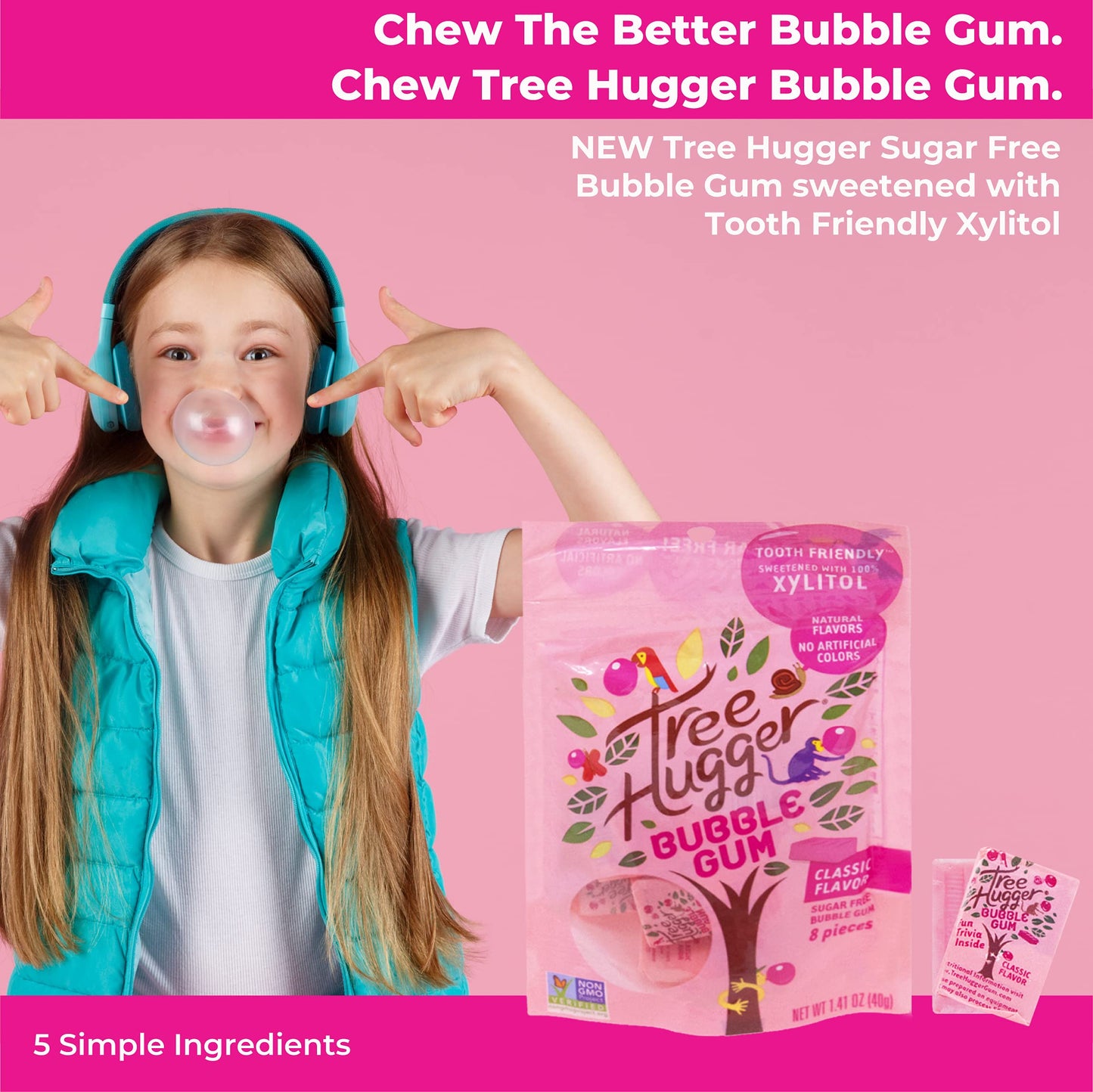 Tree Hugger Classic Bubble Gum with Xylitol, 8 Count (Pack of 12), 100% Tooth Friendly, Sweetened, 1.4 oz per Bag