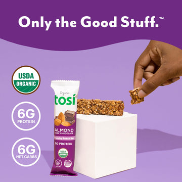 Tosi Dark Chocolate Almond Protein Bars, Plant Based With Nuts, Gluten-Free Crunchy Snacks, Vegan, Organic, Flax & Chia Seeds, S