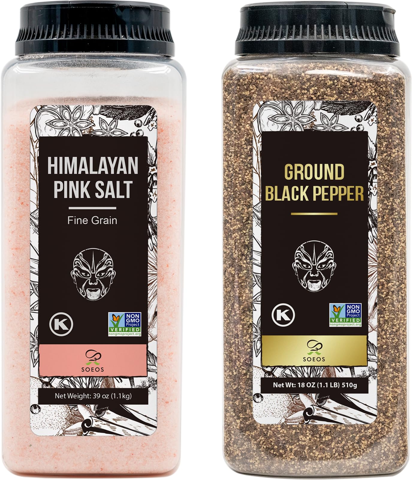 Soeos Himalayan Pink Salt Fine 39 oz + Ground Black Peppercorns 18 oz,Salt and Pepper for Grinder Refill