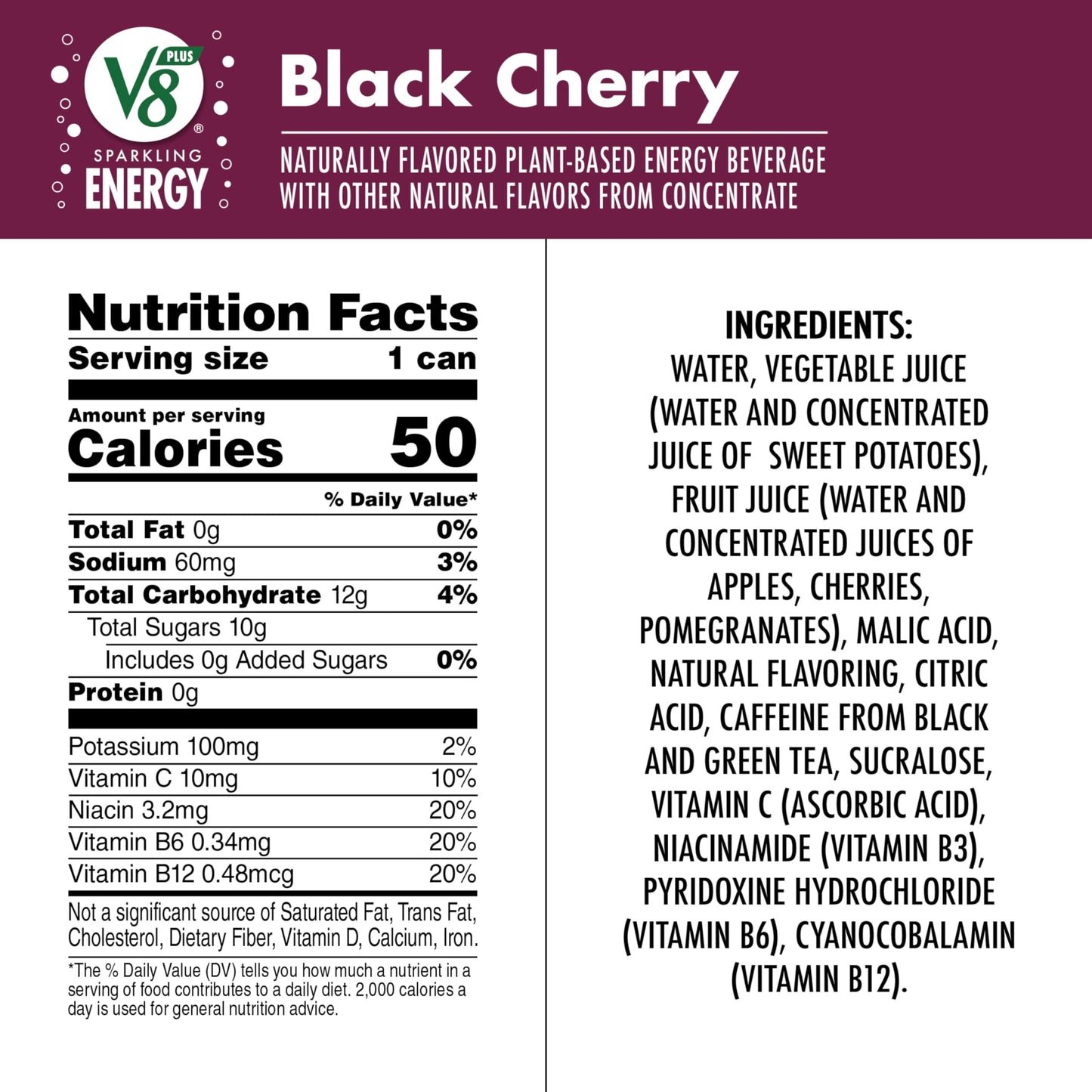 V8 +ENERGY Sparkling Black Cherry Juice Energy Drink, Pack of 12 (11.5 Fl Oz)