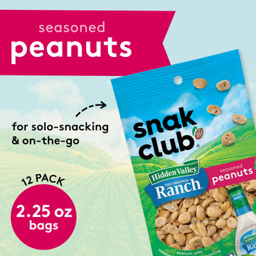Snak Club Peanuts with Hidden Valley Ranch Seasoning, Roasted Nuts, Gluten-Free and Kosher Snack, 2.25 oz Snack Bags, 12 Pack
