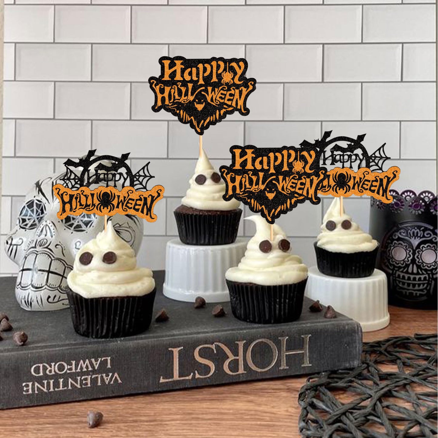 Ercadio 24 Pack Halloween Cupcake Toppers Glitter Halloween Cupcake Picks With Bat Pumpkin Ghost Cupcake Decors For Halloween Th