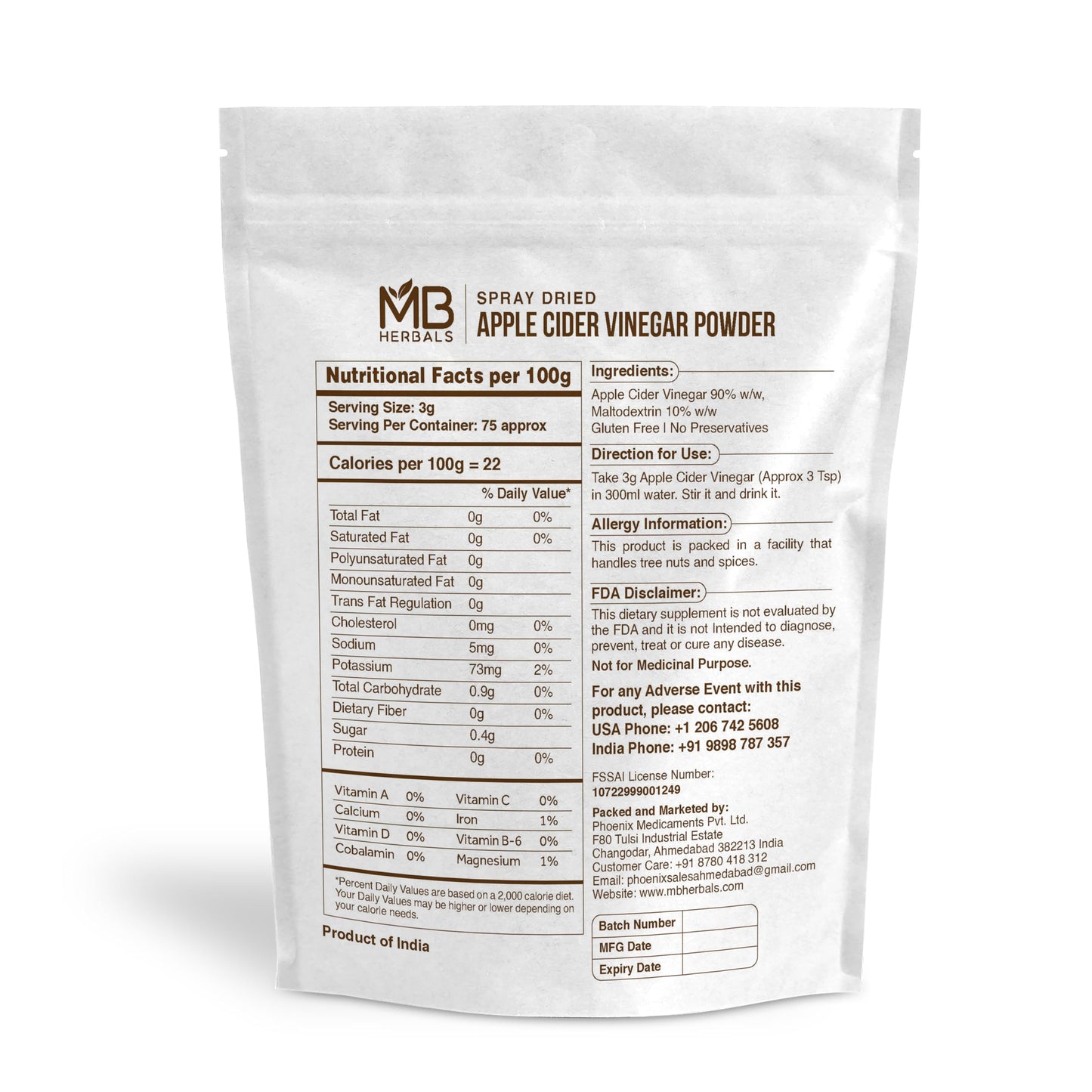 MB Herbals Apple Cider Vinegar Powder - Gluten Free, No Preservatives, 227G (8 oz), White