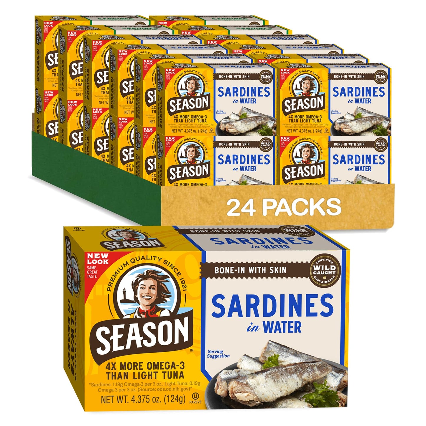 Season Sardines in Water - Wild Caught Fish, 22g of Protein, Keto Snacks, More Omega 3s Than Tuna, High in Calcium, Canned Sard