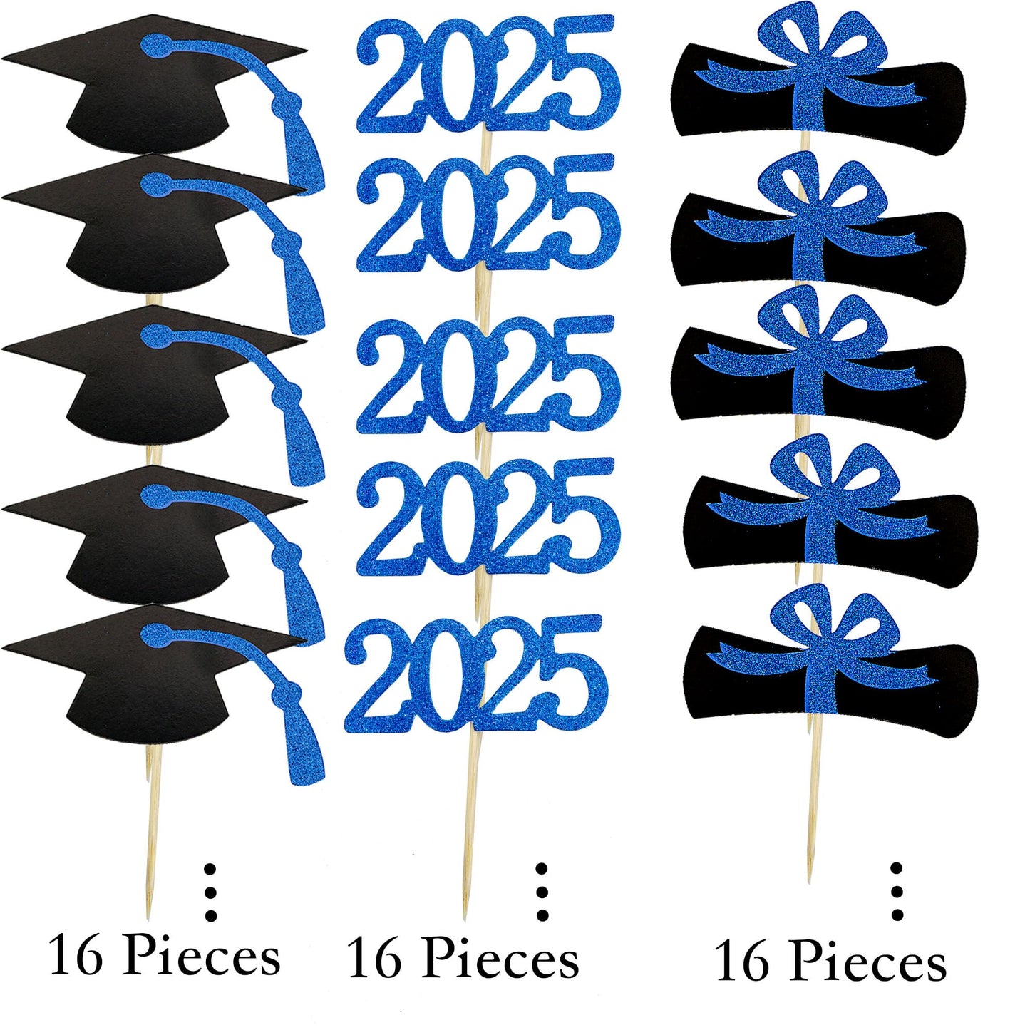 YuBoBo Graduation Cupcake Toppers Glitter Food Picks Diploma Grad Cap Favors Blue