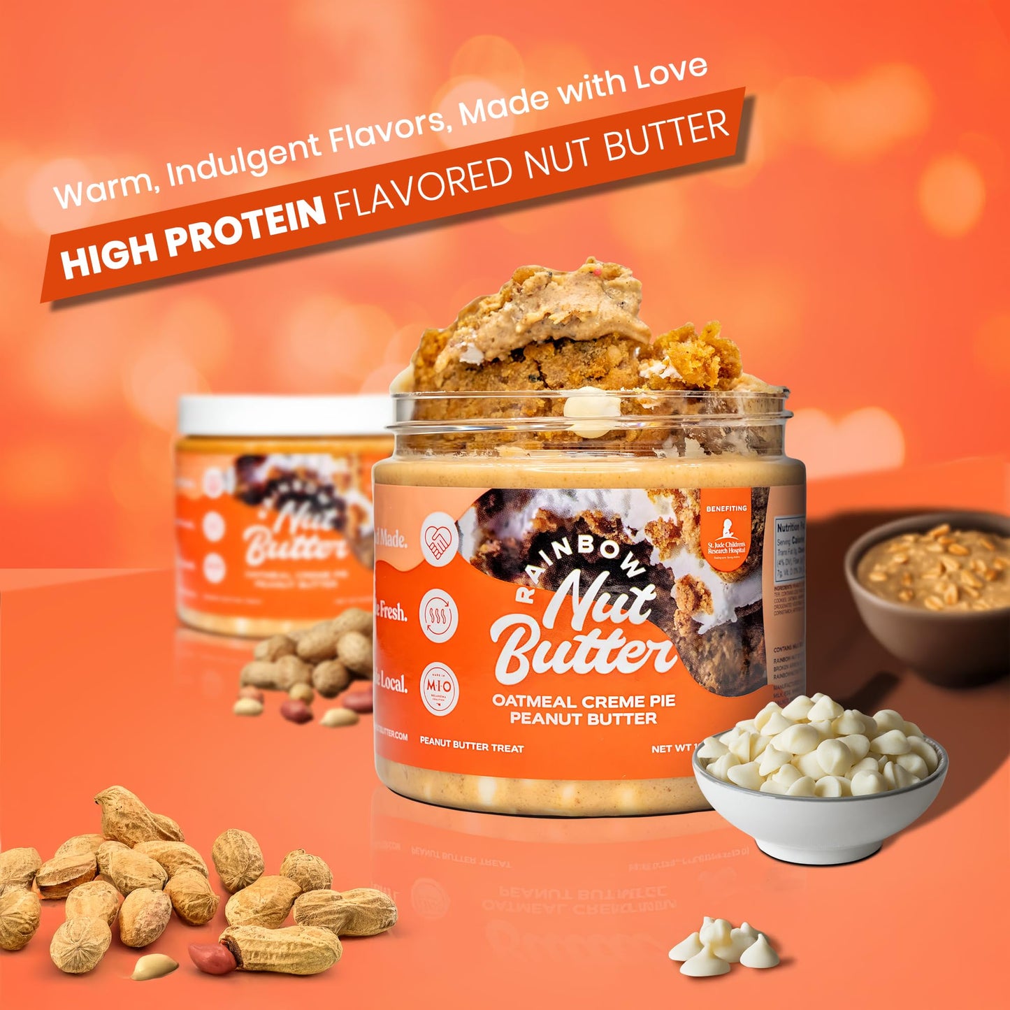 Rainbow Nut Butter, Oatmeal Creme Pie Peanut Butter, Spread, Treat, Snack, Dessert, White Chocolate Chips, High Protein Flavored