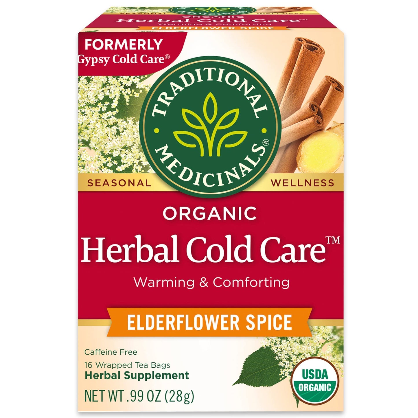 Traditional Medicinals Organic Herbal Cold Care Elderflower Spice Herbal Tea Warm & Comforting Seasonal Wellness (Pack Of 1) - 16 Tea Bags