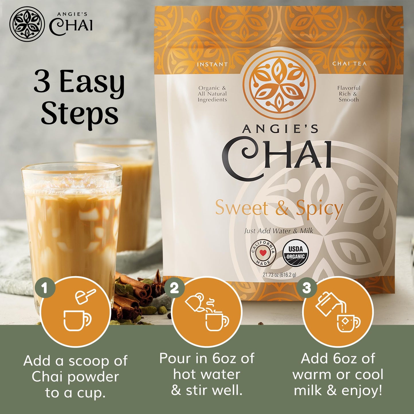 Angies Chai Organic Instant Chai Tea Powder - Sweet & Spicy Mix, 30 Servings, Handcrafted, Made in USA