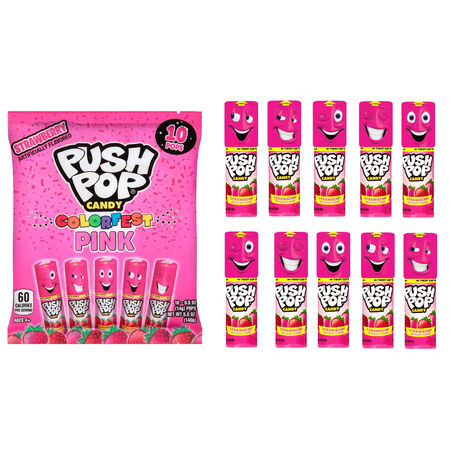 Push Pop Halloween Candy - Individually Wrapped Bulk Pink Lollipops - 10 Ct Hard Candy In Pink Strawberry Flavor, Fun Candy For