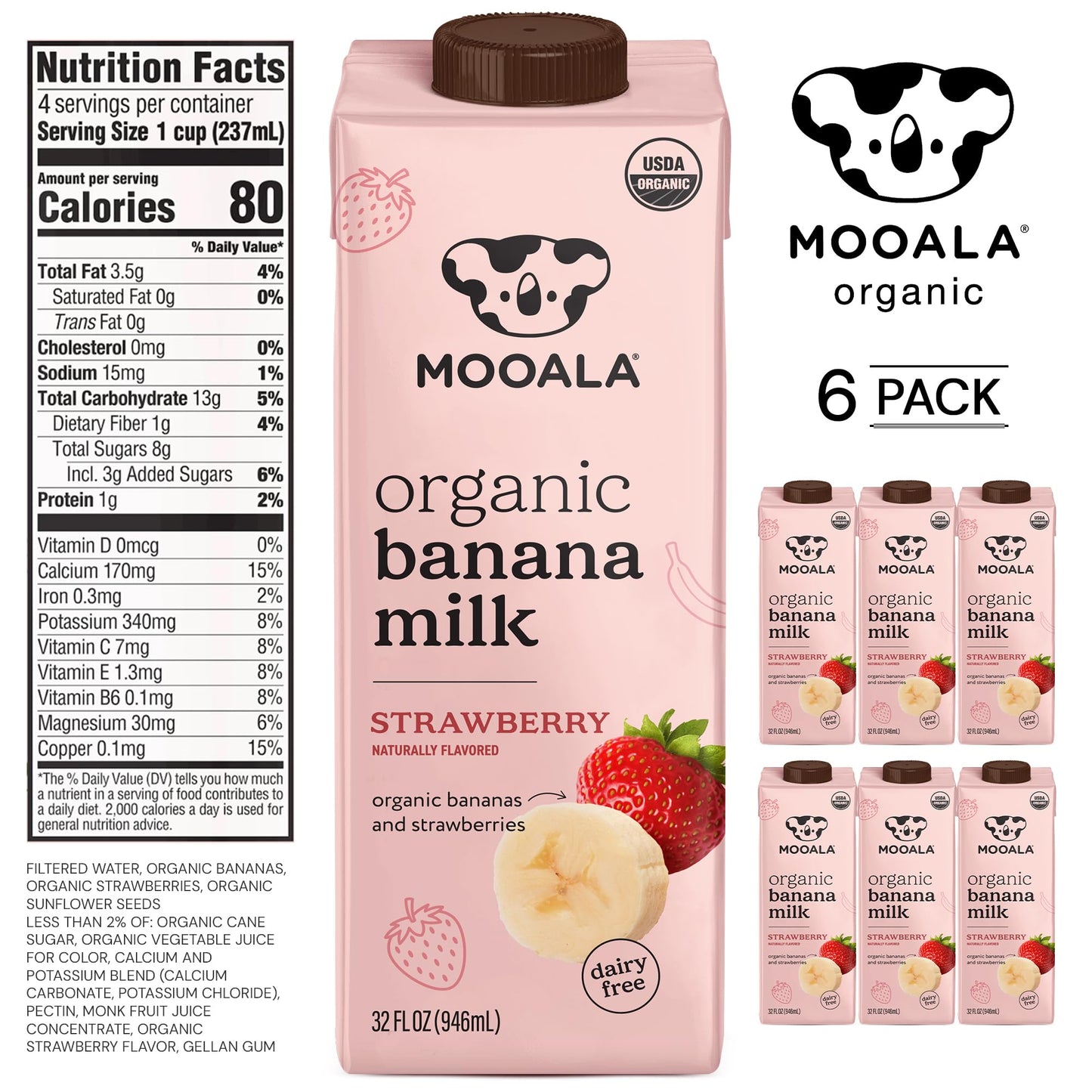 Mooala - Organic Strawberry Bananamilk, 32 fl oz (Pack of 6) - Shelf-Stable, Non-Dairy, Nut-Free, Gluten-Free, Plant-Based Bever