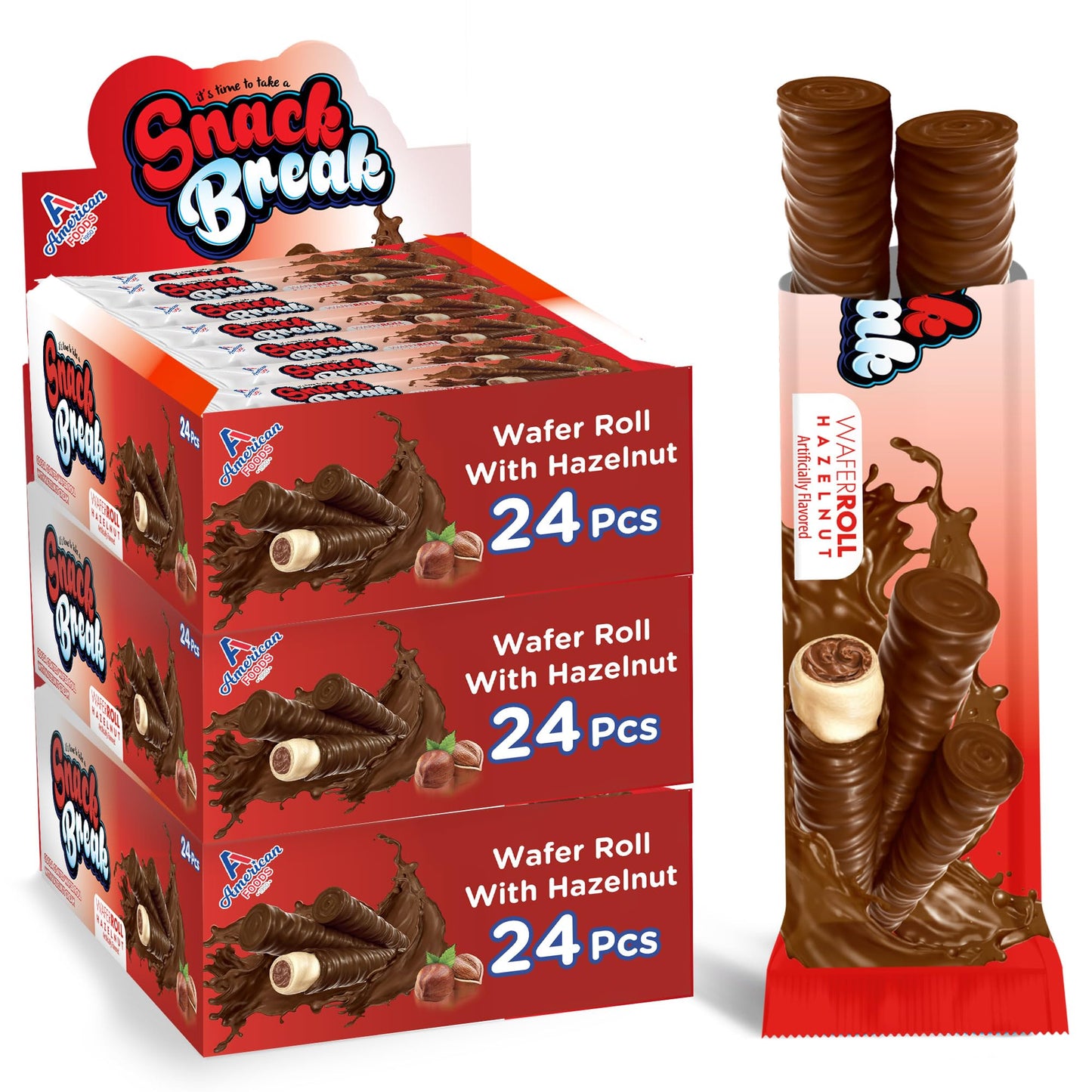 Snack Break Hazelnut Wafer Rolls, Rolled Wafer Cookies, Cocoa Coated Delicious Snack, Individually Wrapped, Crunchy Sticks For On-The-Go, Coffee, Tea, 24 Count (Pack Of 3)