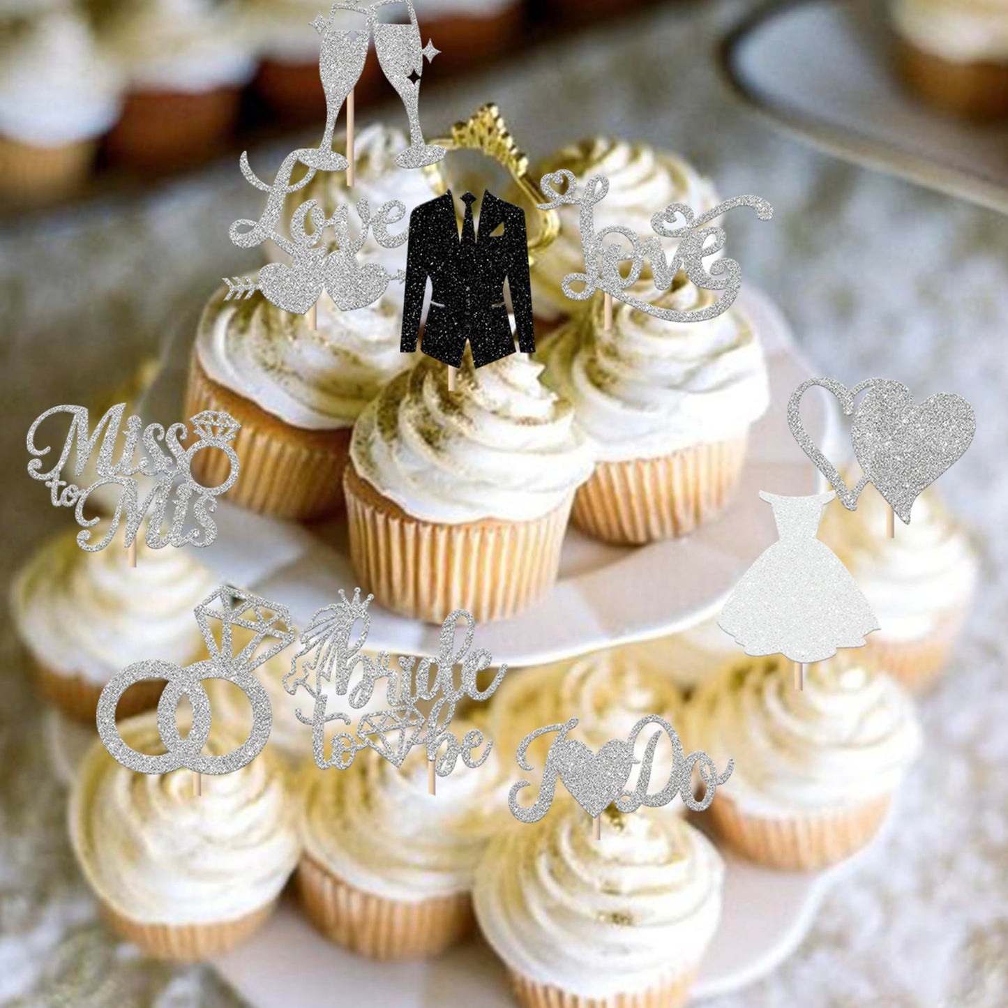 YCTHUNFISH 30 Pack Glitter Diamond Ring Cupcake Toppers for Bridal Shower, Wedding, Bachelorette, Silver