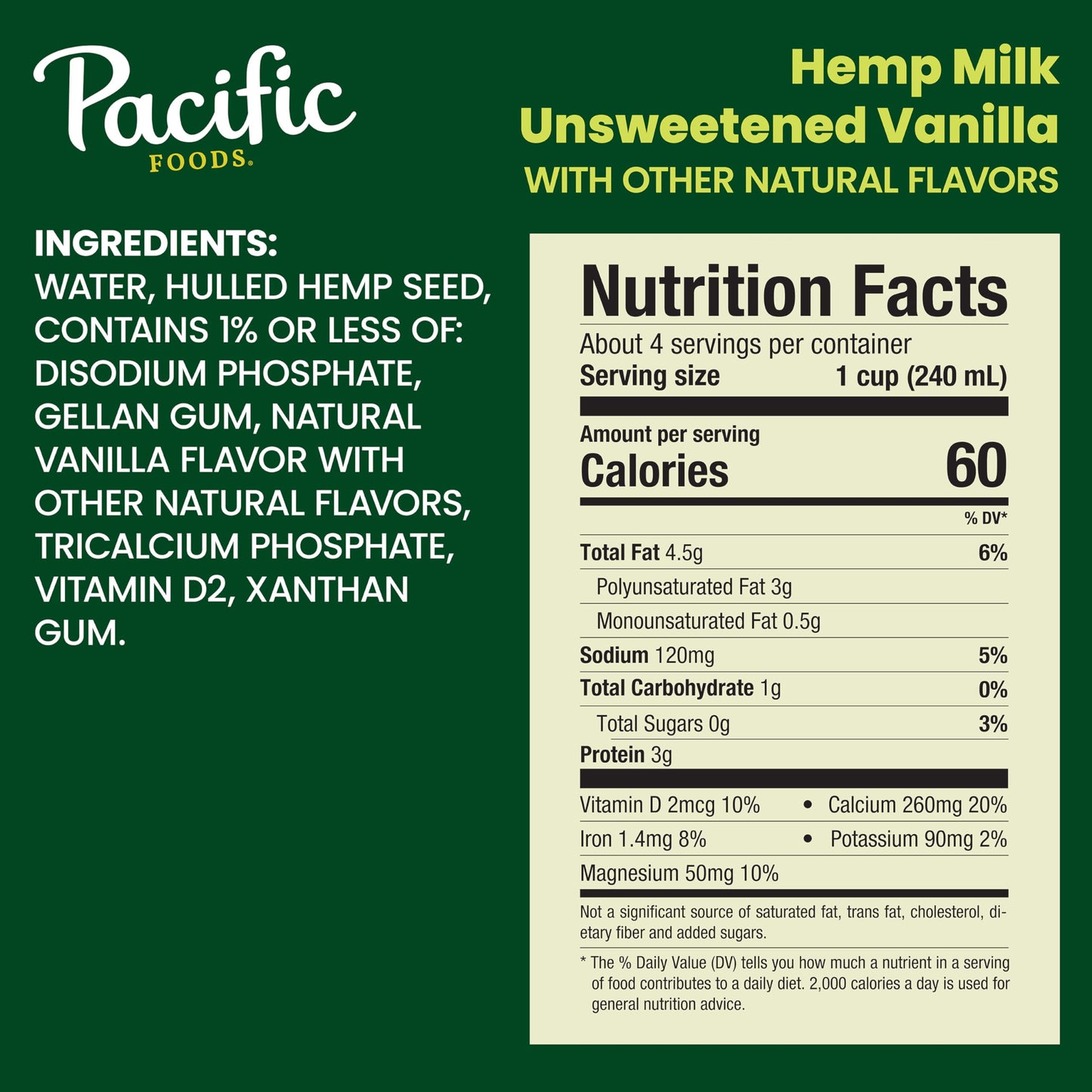 Pacific Foods Keto Friendly Unsweetened Hemp Vanilla, 32 Fl Oz (Pack of 12), All Natural, 384 Fl Oz Total