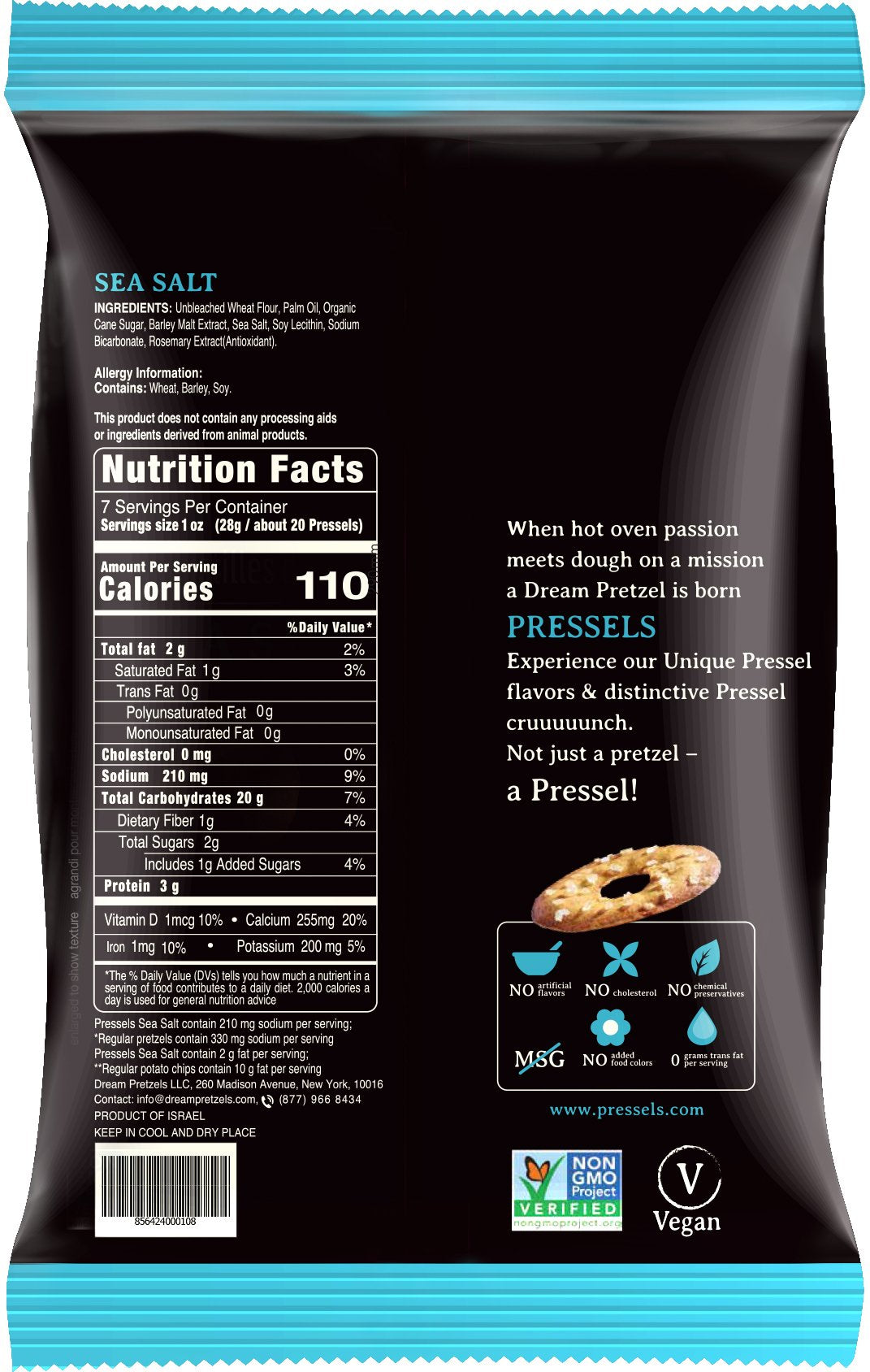 Dream Pretzels Pressels Baked Pretzel Chips, Sea Salt Seasoned, Mini Thin Crisps, Gourmet Snack Bites, Vegan, Low Sodium, Pack o