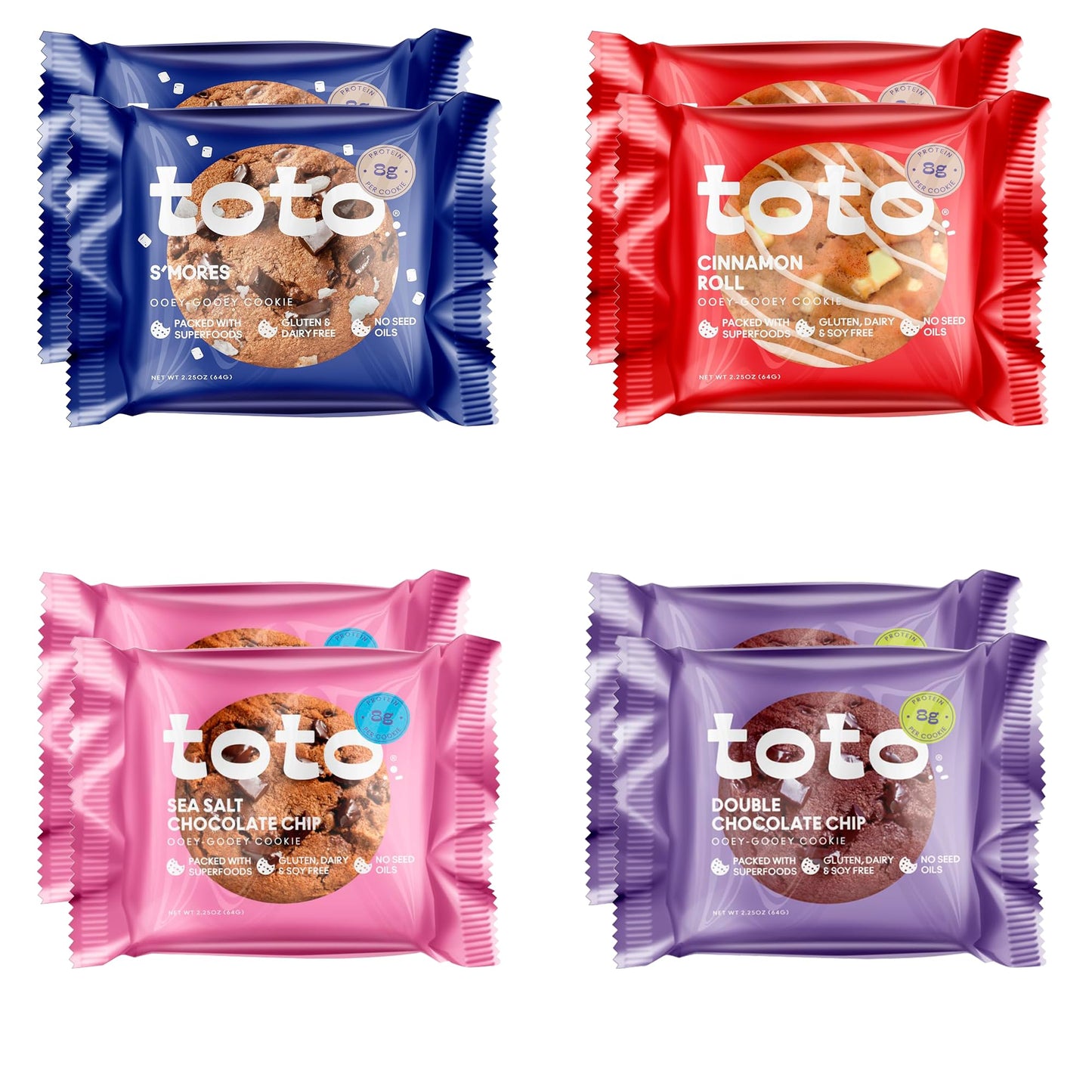 Kgf - Variety Pack Toto Gluten-Free Gooey Cookie (2 Double Chocolate Chip 2 Sea Salt Chocolate Chip 2 Cinnamon 2 SMores) 2.25Oz Pack Of 8
