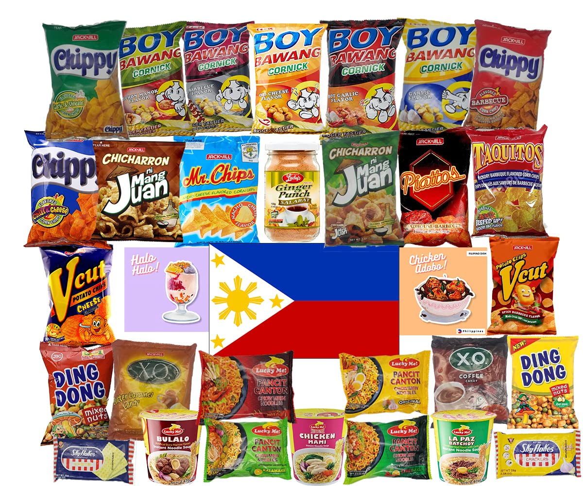 Filipino Snacks Box Variety Pack Assortment Of 10 Authentic Food Products Like Boy Bawang, Lucky Me, Jacknjill, Skyflakes And Mo