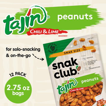 Snak Club Tajin Peanuts, Roasted Chili Lime Nuts, Gluten-Free, 2.75 oz (Pack of 12), Green Label
