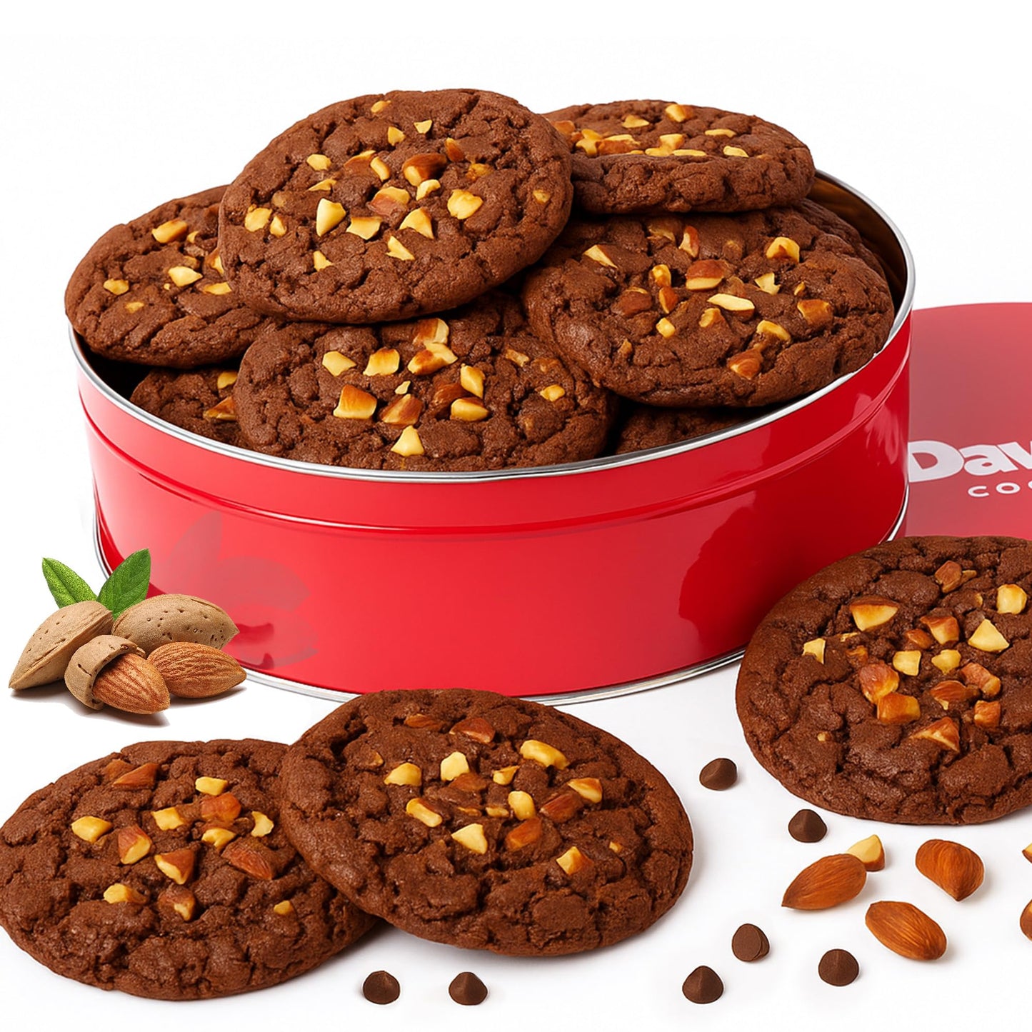 DavidS Cookies Fresh Baked Decadent Jumbo Almond Gourmet Cookies - 2Lb Gift Basket Tin With 8 Large Almond Cookies - Bakery-Style Soft And Chewy Dessert For Holidays Birthdays Thank You Gifts