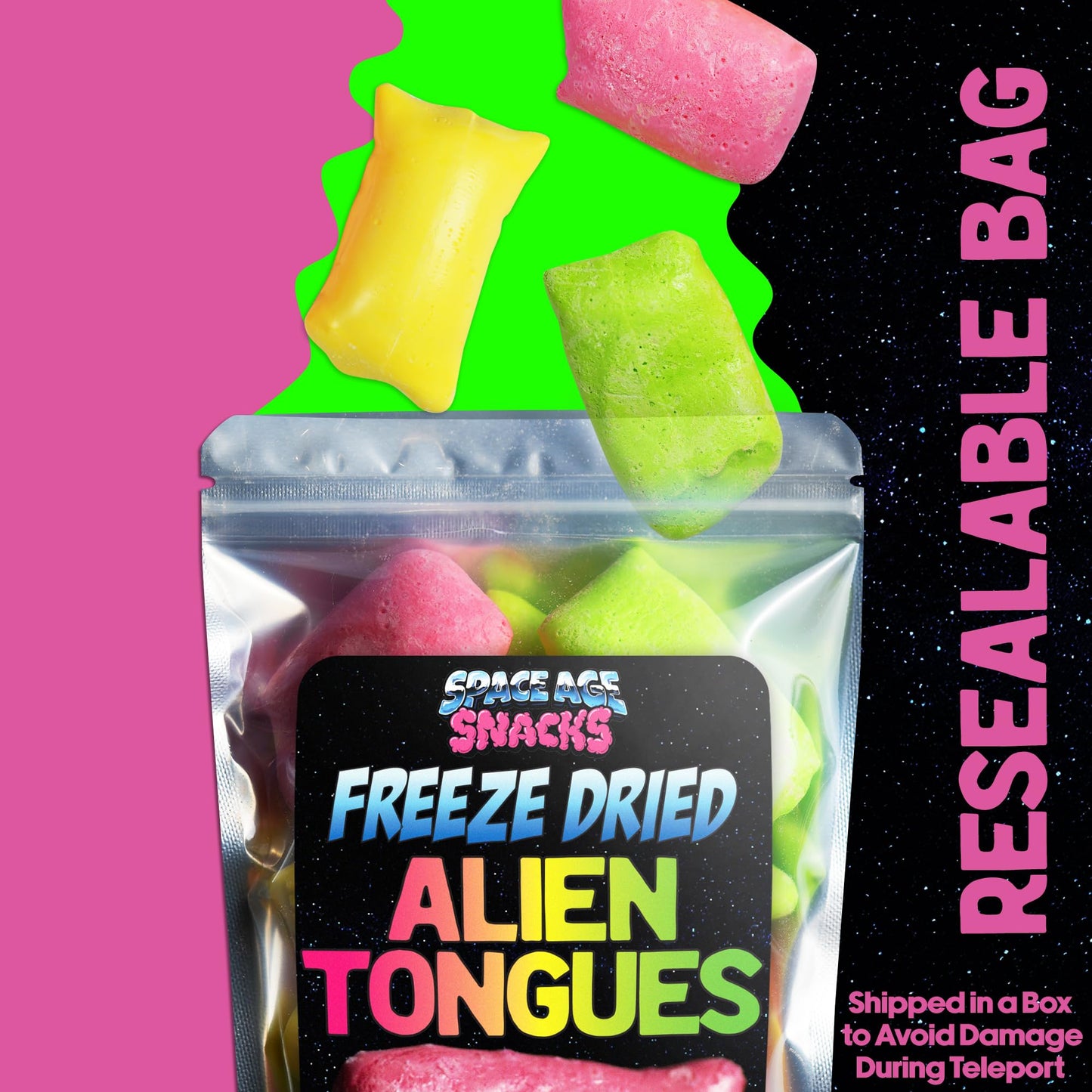 Space Age Snacks Premium Freeze Dried Taffy Candy - Alien Tongues - Fun Stickers - 4 Ounce Medium Size