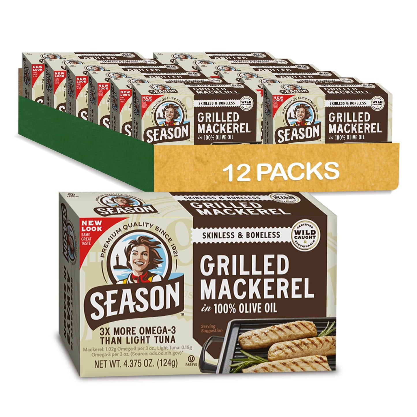 Season Grilled Mackerel In Olive Oil - Skinless & Boneless Mackerel Fillets, Wild Caught, Keto Snacks, Full Of Vitamins, Low In Mercury, Kosher, Non-Gmo, 20G Of Protein - 4.37 Oz, 12-Pack