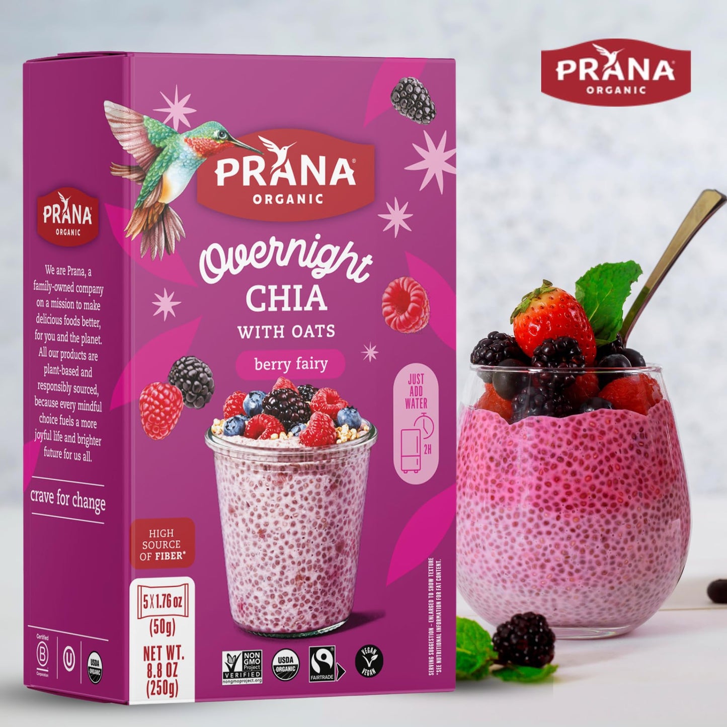 Prana Organic Overnight Chia With Oats Berry Fairy | Rich In Fiber & Protein, Vegan, Non-Gmo | Ready To Eat Breakfast - 5 X 1.76