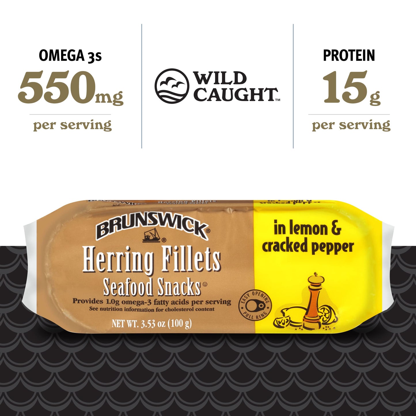 Brunswick Herring Fillets In Lemon & Cracked Pepper, 3.53 Oz Can - 15G Protein Per Serving - Gluten Free, Keto Friendly - Great