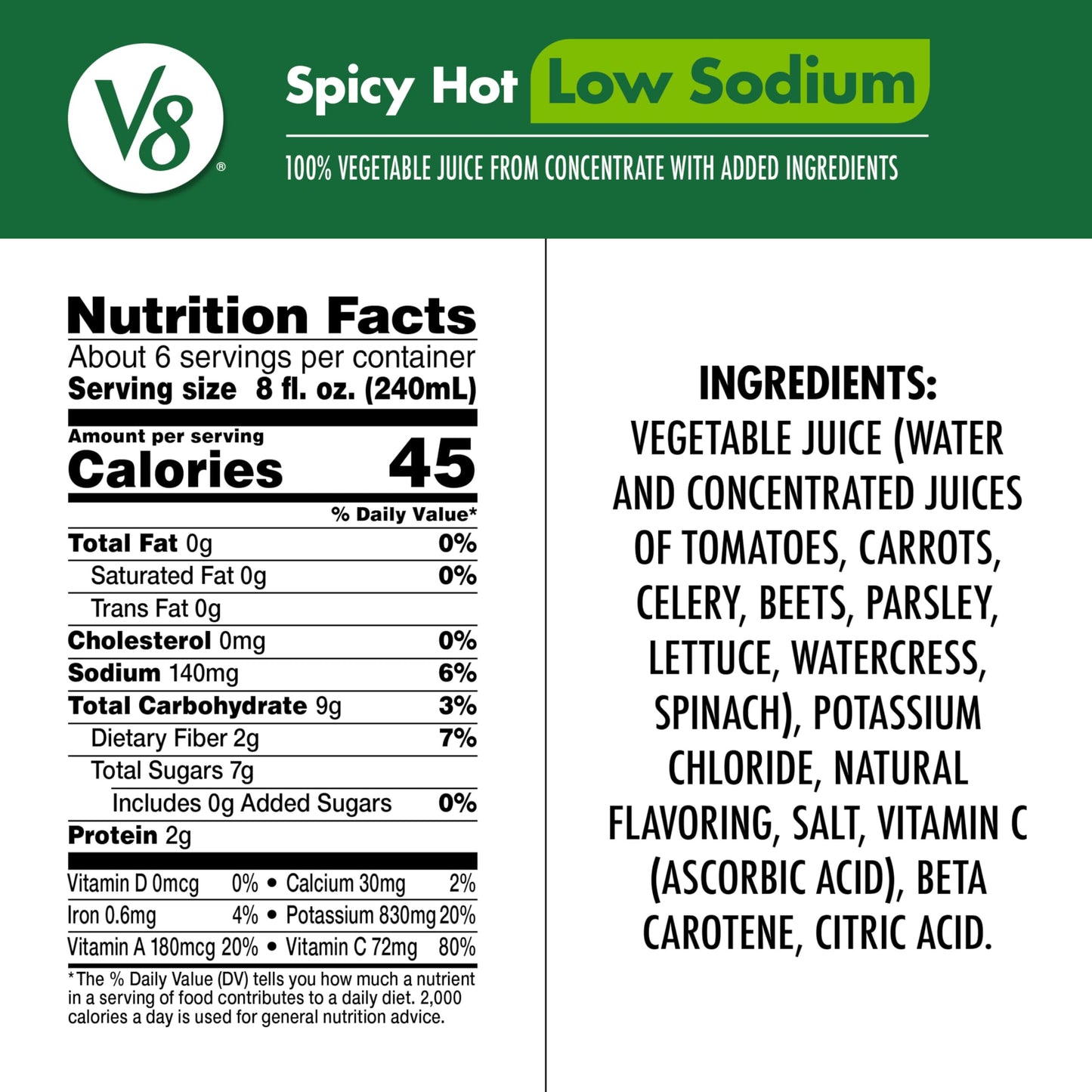 V8 Low Sodium Spicy Hot 100% Vegetable Juice, 46 Fl Oz Bottle (6 Pack)
