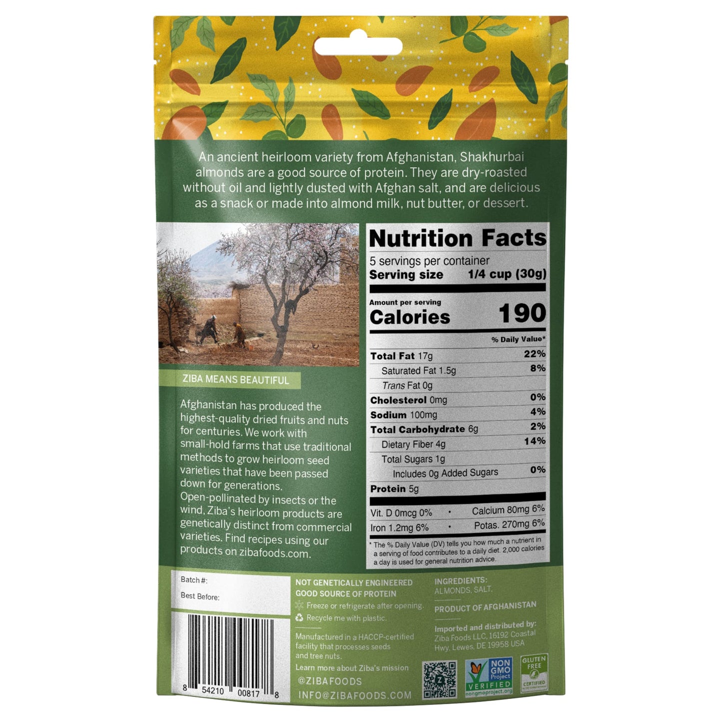 Ziba Foods Heirloom Shakhurbai Almonds  Dry Roasted & Salted  Non-Gmo Vegan Gluten Free Snack Nuts  Heirloom Warm & Nutty  Healt