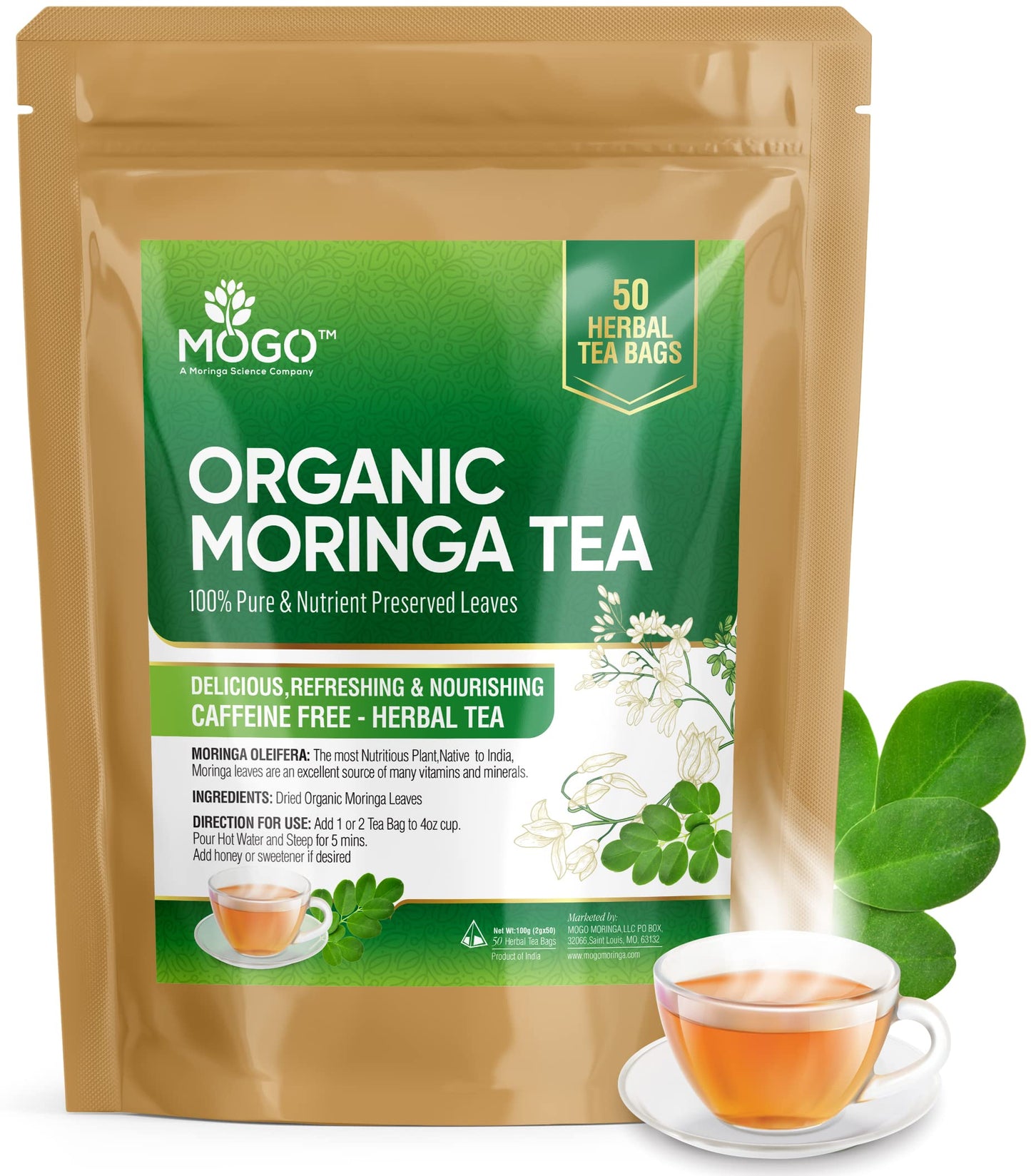 Mogo Organic Moringa Tea Bags - 50 Count,100% Pure,Caffeine Free,Rich Aroma And Taste, Enhanced Grade Moringa Tea Leaves, Antioxidants Rich Herbal Green Tea