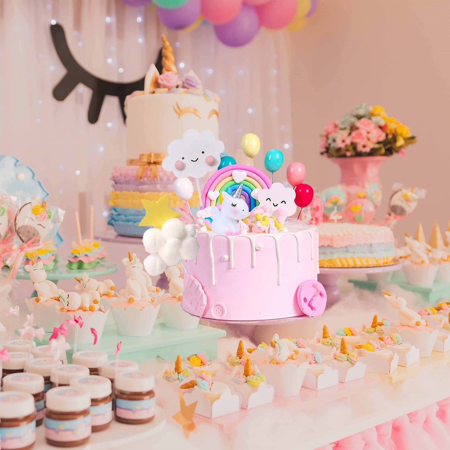 Unicorn Cake Topper, Qoadwem 15Pcs Unicorn Rainbow Cake Toppers For Girls With Rainbow Heart Unicorn Cloud Balloon Happy Birthda