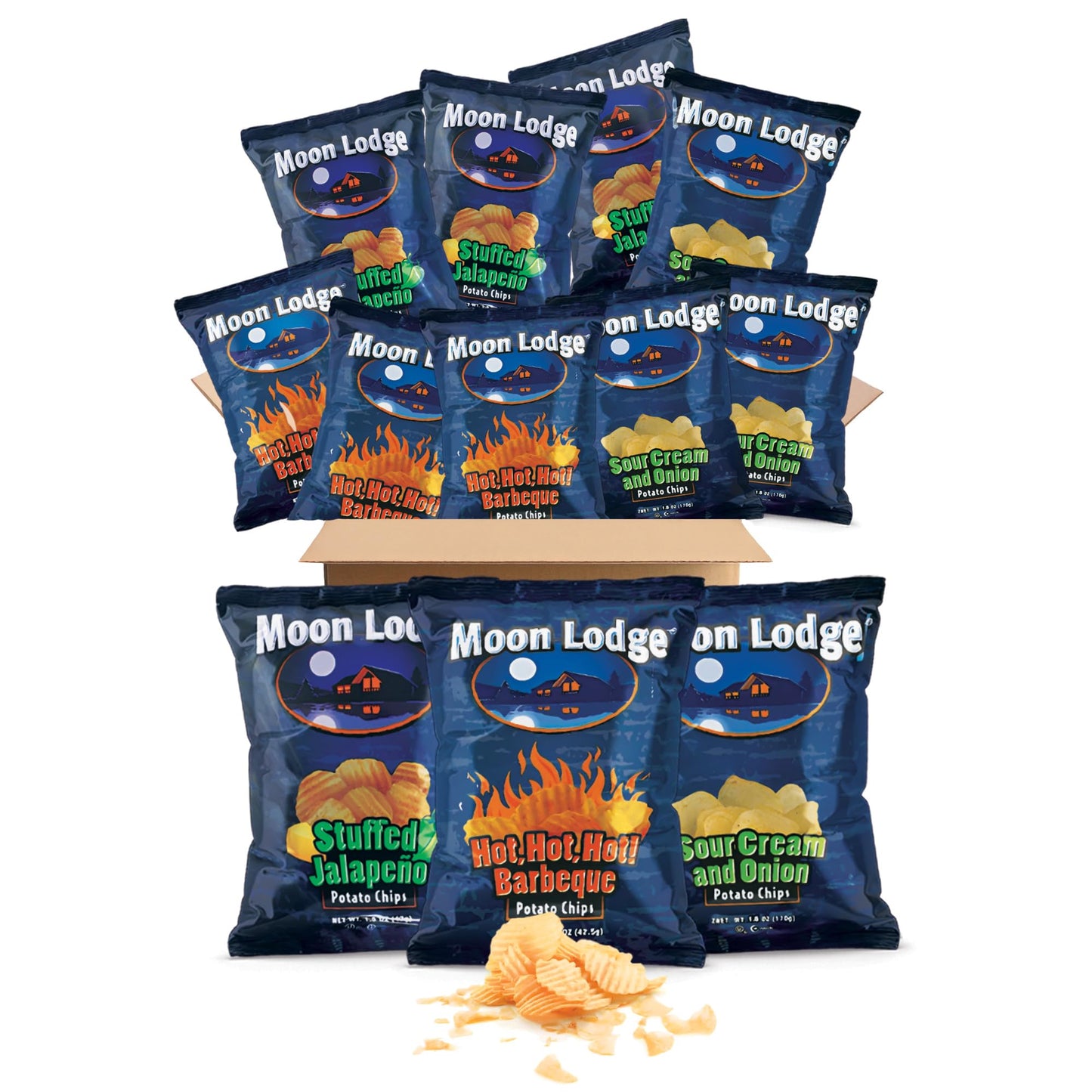 Moon Lodge Chips Variety Pack - 12 Bold Flavored Potato Chips - Hot Barbeque Stuffed Jalapeo Sour Cream & Onion - Kosher & Halal Snacks For All Ages Parties & Movie Nights (1.5 Oz Bag)