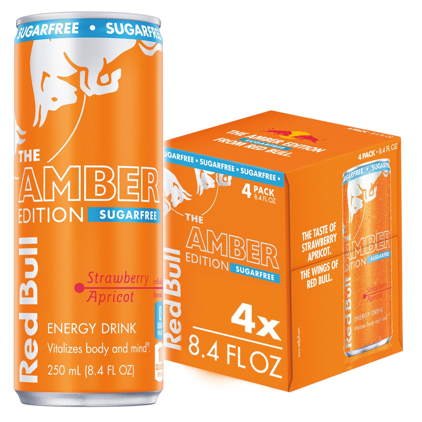 Red Bull Amber Edition Sugar Free Energy Drink, Strawberry Apricot, 8.4 Fl Oz, Pack of 4 Cans, Model RB243200