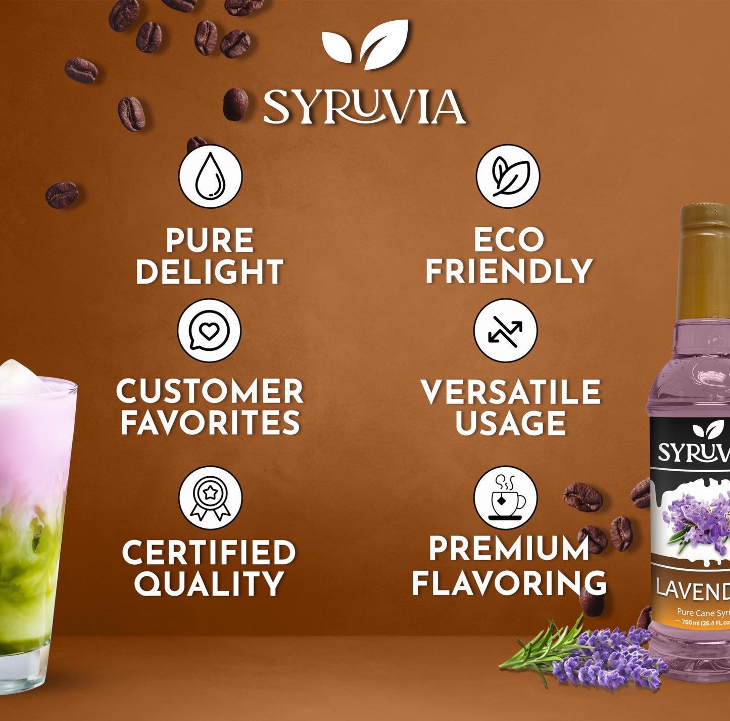 Syruvia Lavender Syrup - Lavender Coffee Syrup Flavor, 25.4 Fl Oz, Kosher, Gluten Free, Perfect For Coffee, Drinks, Soda, Desser