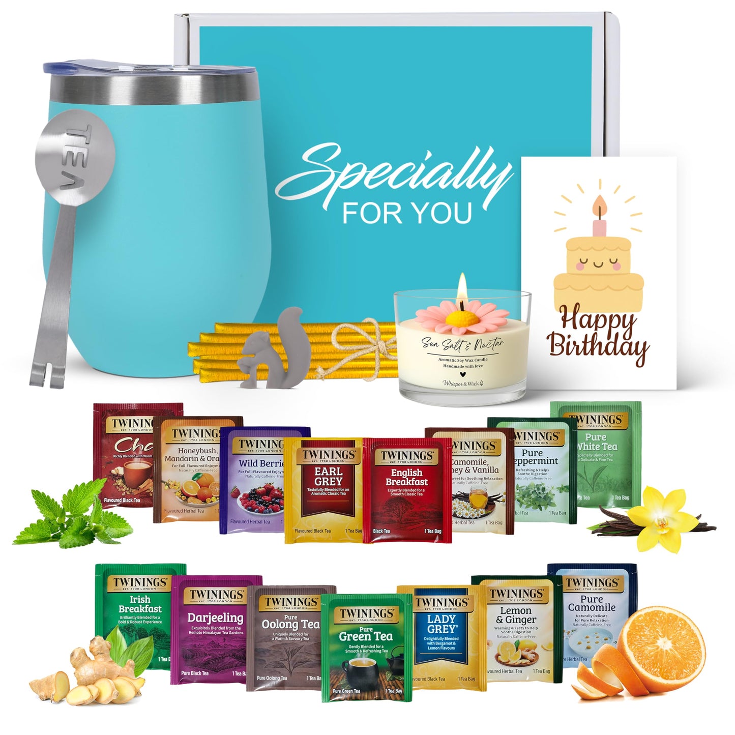 Birthday Gift Set With Stainless Tumbler, 15 Assorted Teas, 10 Honey Straws, Tea Tongs, Scented Candle And Greeting Card In Ready-To-Gift Box (Teal - Birthday Card)
