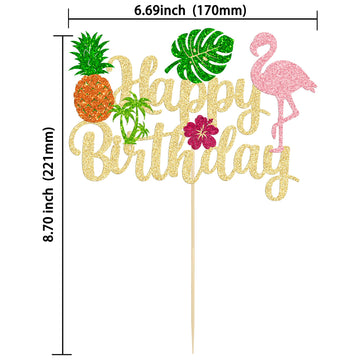 Ephlyn 1Pc Tropical Luau Happy Birthday Cake Topper Glitter Palm Tree Flamingo Pineapple Aloha Cake Pick Decorations For Hawaiia