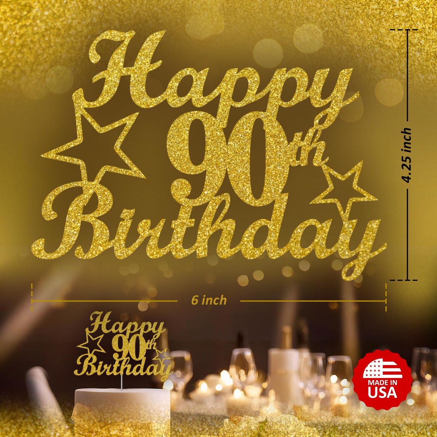 RokAPary 90th Birthday Cake Topper, Gold Glitter, Double-Sided Acrylic, Premium Quality, Sturdy Design, Model RCT217