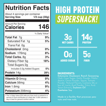 The Only Bean Edamame Dry Roasted Low Carb Snacks (Ranch), Vegan Gluten Free Snacks, Healthy Snacks For Kids And Adults, High Pr